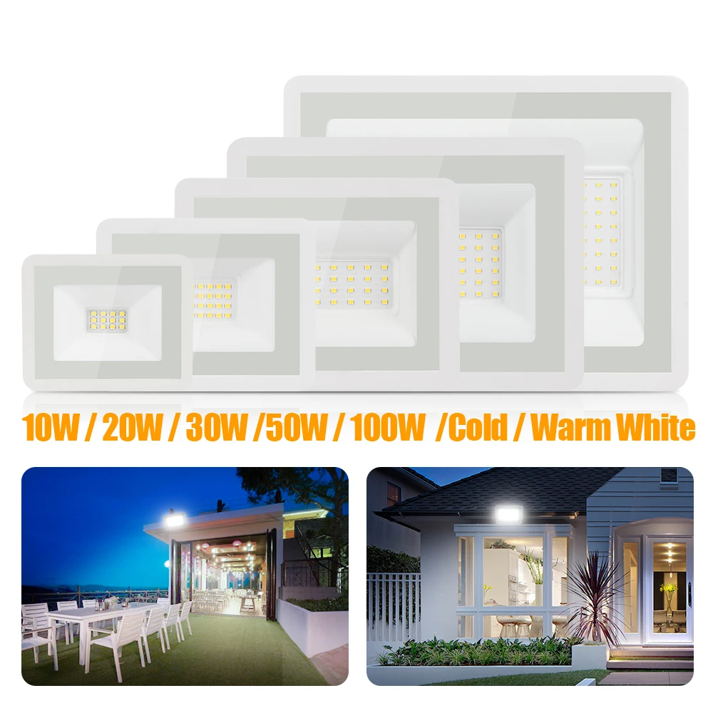 White LED Flood Light 100W 50W 30W 20W 10W AC 220V Outdoor Waterproof Reflector Spotlight Street Light Wall Lamp Garden Lighting