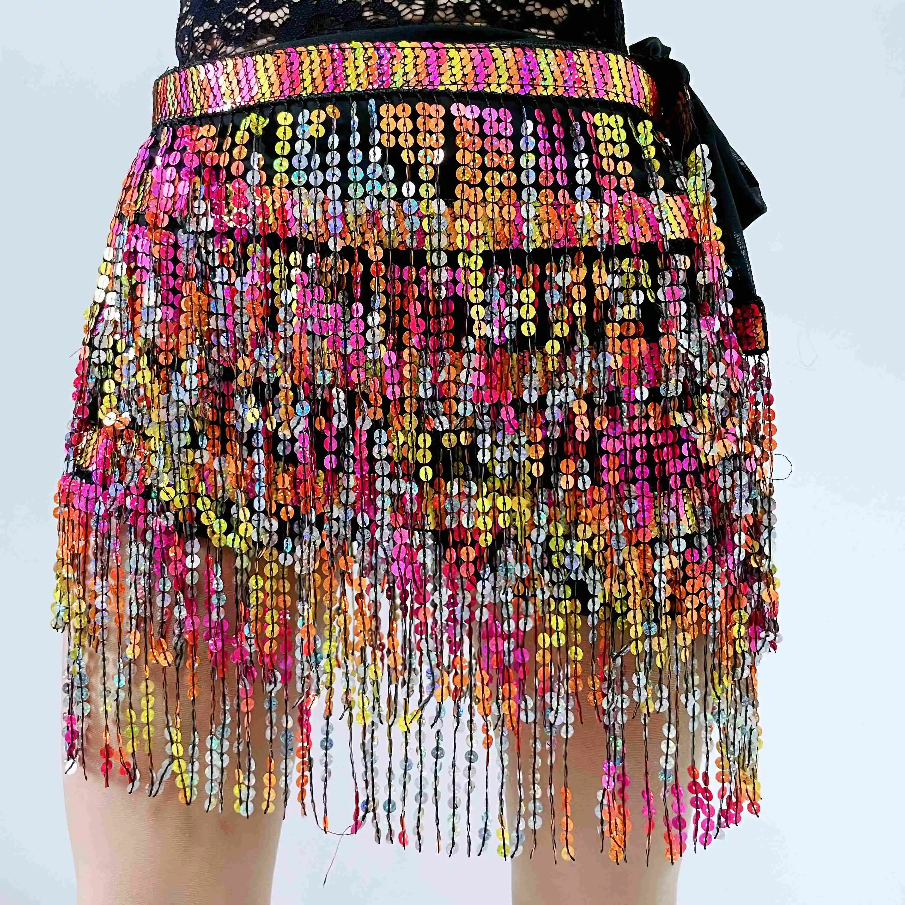 Cintura con frange di danza del ventre sciarpa con paillettes vestito da Festival gonna da ballerina multicolore abbigliamento da spiaggia vestito Rave discoteca Sexy