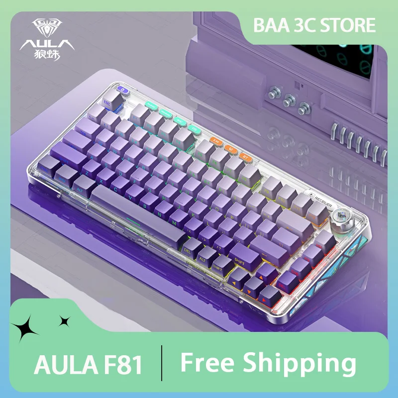 

AULA F81 Mechanical Keyboard Tri Mode Wireless Bluetooth RGB Hotswap Gasket Custom PC Gaming Office Side Lettering Keyboard