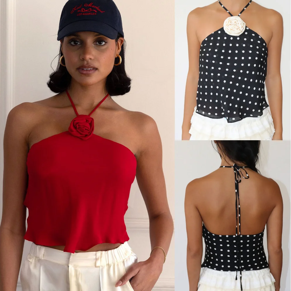 2025 Vrouwen Halter Tank Tops Zomer Tie-up Mouwloos Backless Bloem Stippen/Effen Zomer Vest Dames Slanke Hemdje Party Y2K