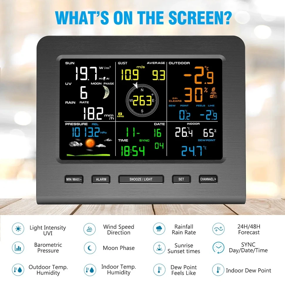 7 in 1 Automatic Wifi We a th er St ation Pro fessional Barometer Thermometer Humidity With Wind Direction 433mhz