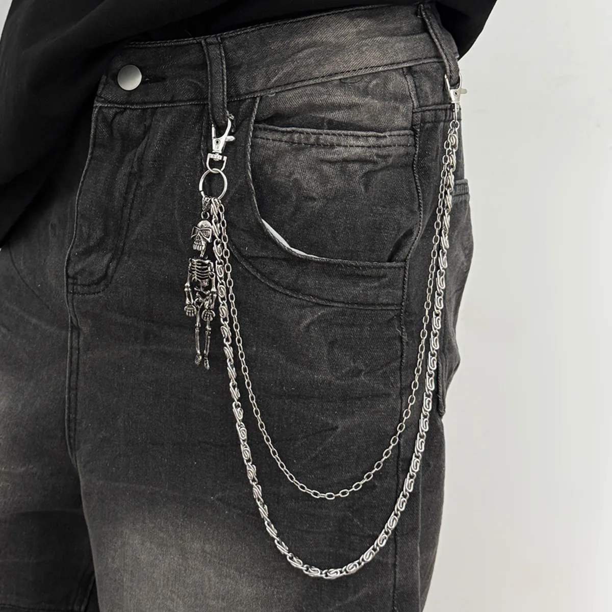 

SHIXIN Goth Skull Skeleton Pendant Belt Waist Chain Men Punk Metal Pant Chains Keychain Ring Clip Halloween Jewelry Accessories