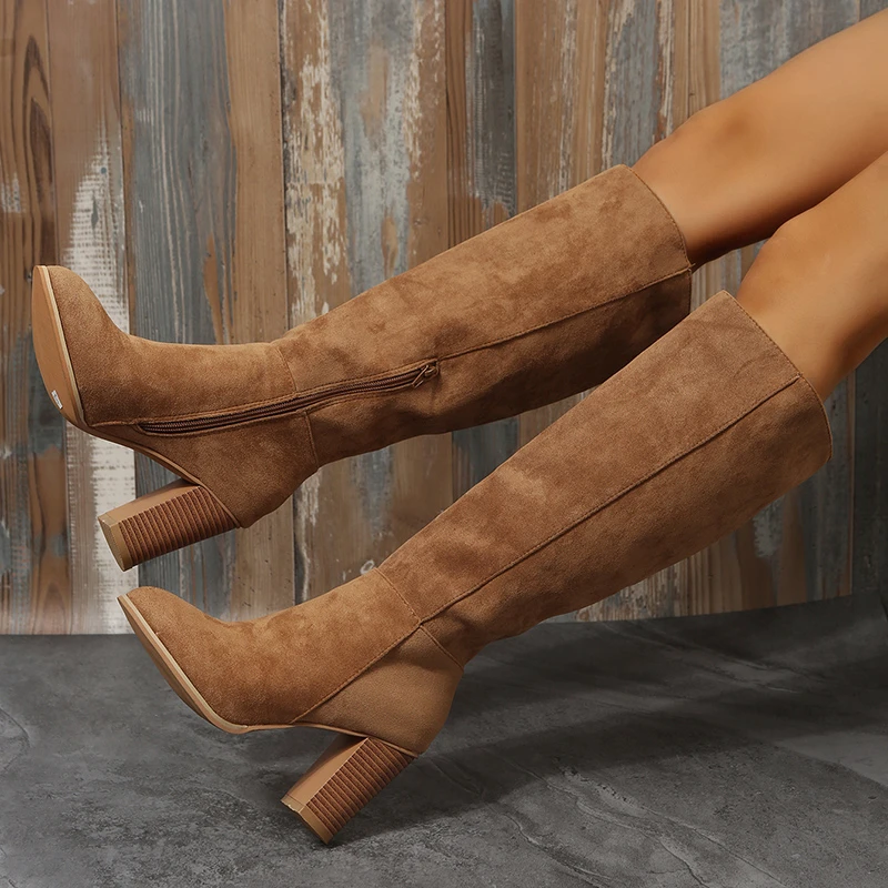 

New Style Luxury Boots Women Cowboy Heels Western Chunky Shoes Leather Knee High Long Elegant Designer Plus Size Zapatos Mujer