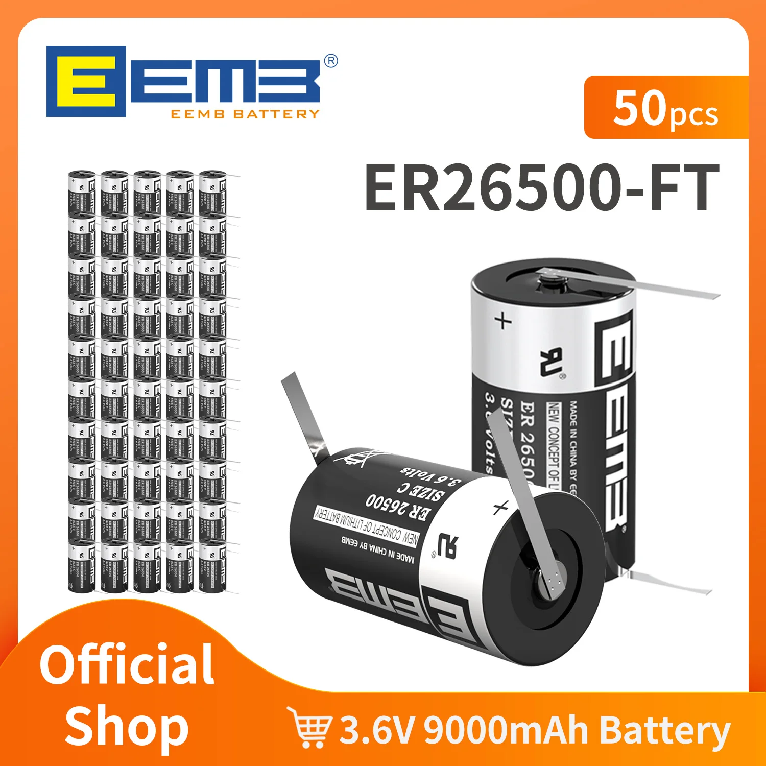 

50 шт. EEMB er26500 с паяльными подушечками FT 3,6 В, размер C, литиевая батарея 9000 мАч er26500-ft, не перезаряжаемая, заводская поставка