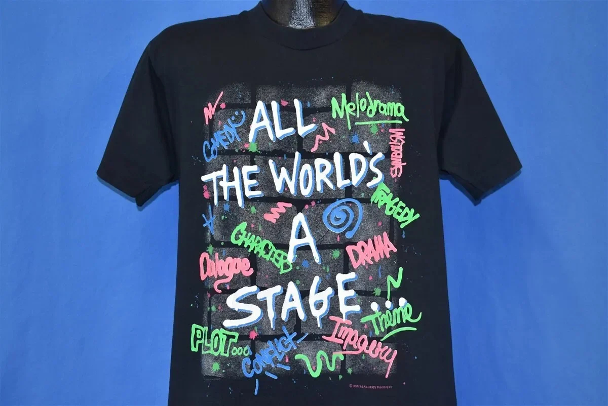 90s All the World s a Stage Theater Drama Thespian Neon Graffiti T Shirt Medium