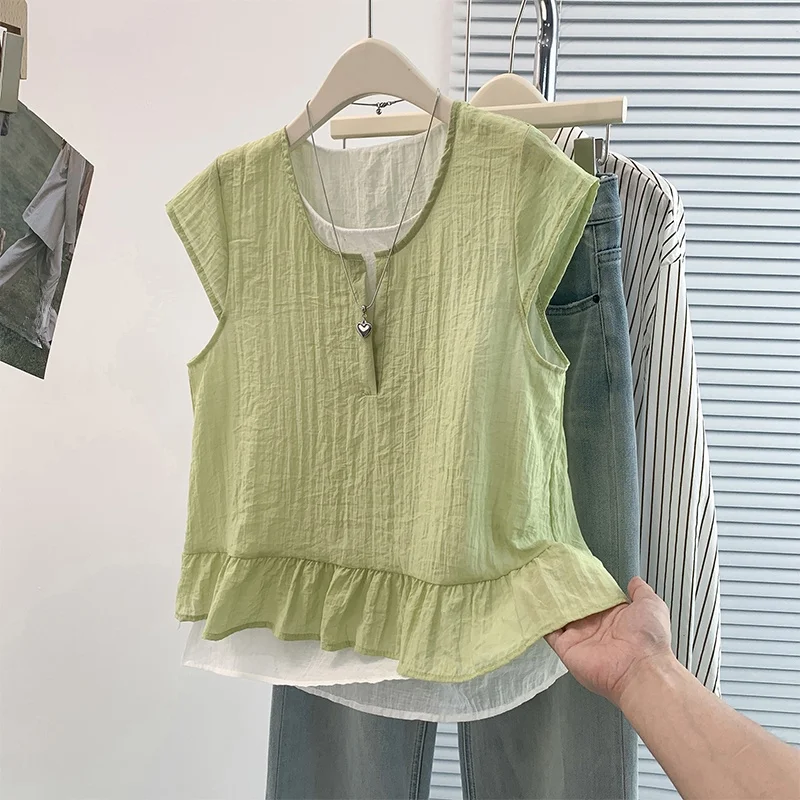 

High-End Women's Summer T-Shirt Short Sleeve Base Shirt Fake Two-Piece Top Comfortable Breathable Loose Fit Casual Shirt