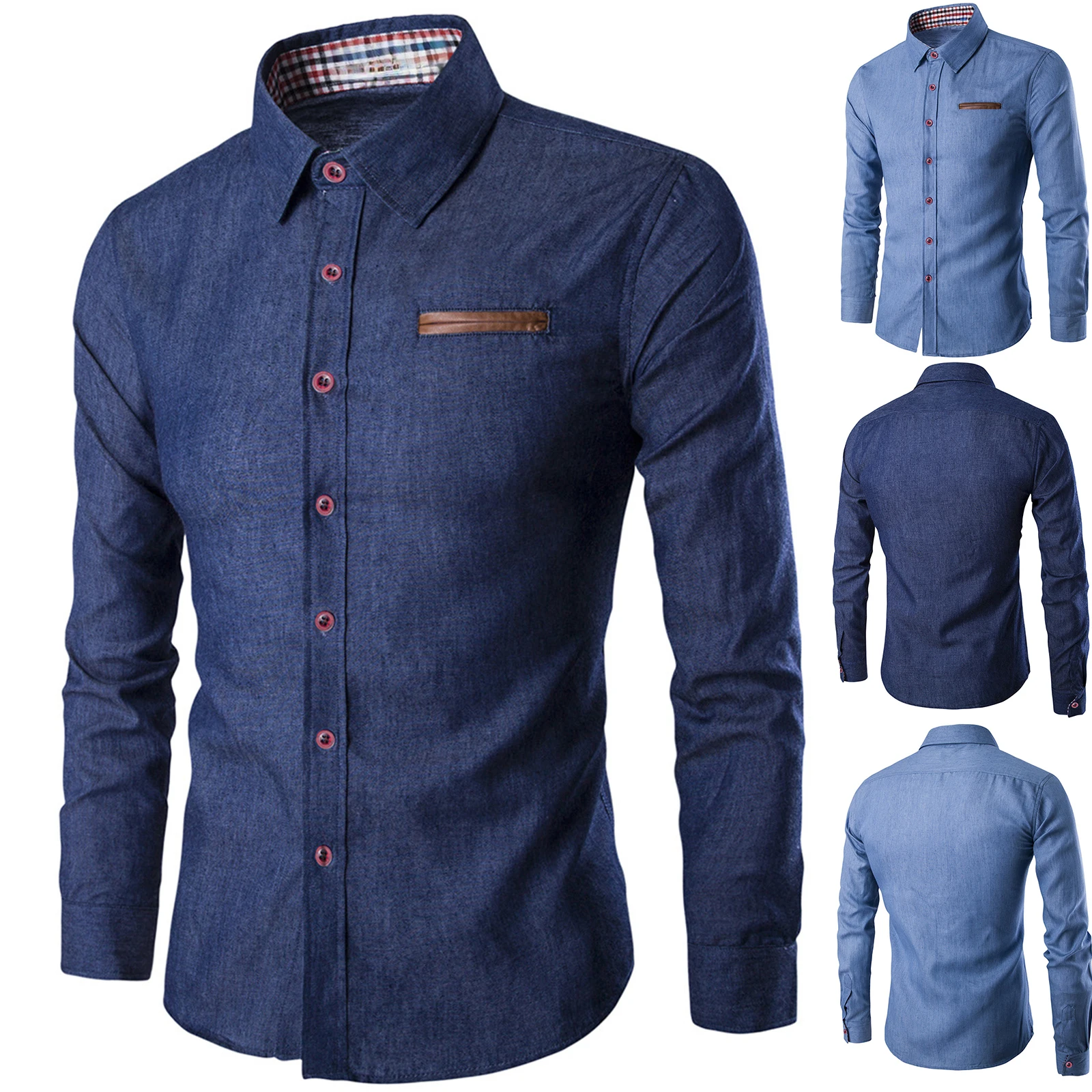 Kemeja Denim Pria Kemeja Pria Lengan Panjang Kemeja Pria Jeans Biru Navy Gaya Slim Fit Fashion Kemeja Lengan Panjang untuk Pria