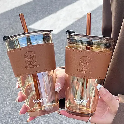 401ml-500ml 높은 아름다움 바람 대나무 유리 컵 여름 밀짚 대용량 여성 밀짚 컵
