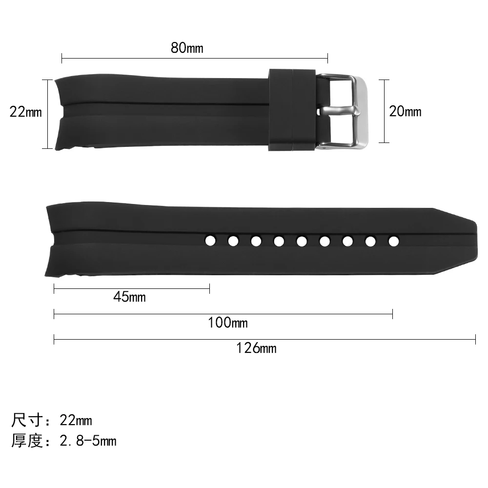 22mm 24mm 26mm Universal Elbow Arc Soft Silicone Strap Rubber Band Sport Waterproof Replacement Bracelet Watch Accessories