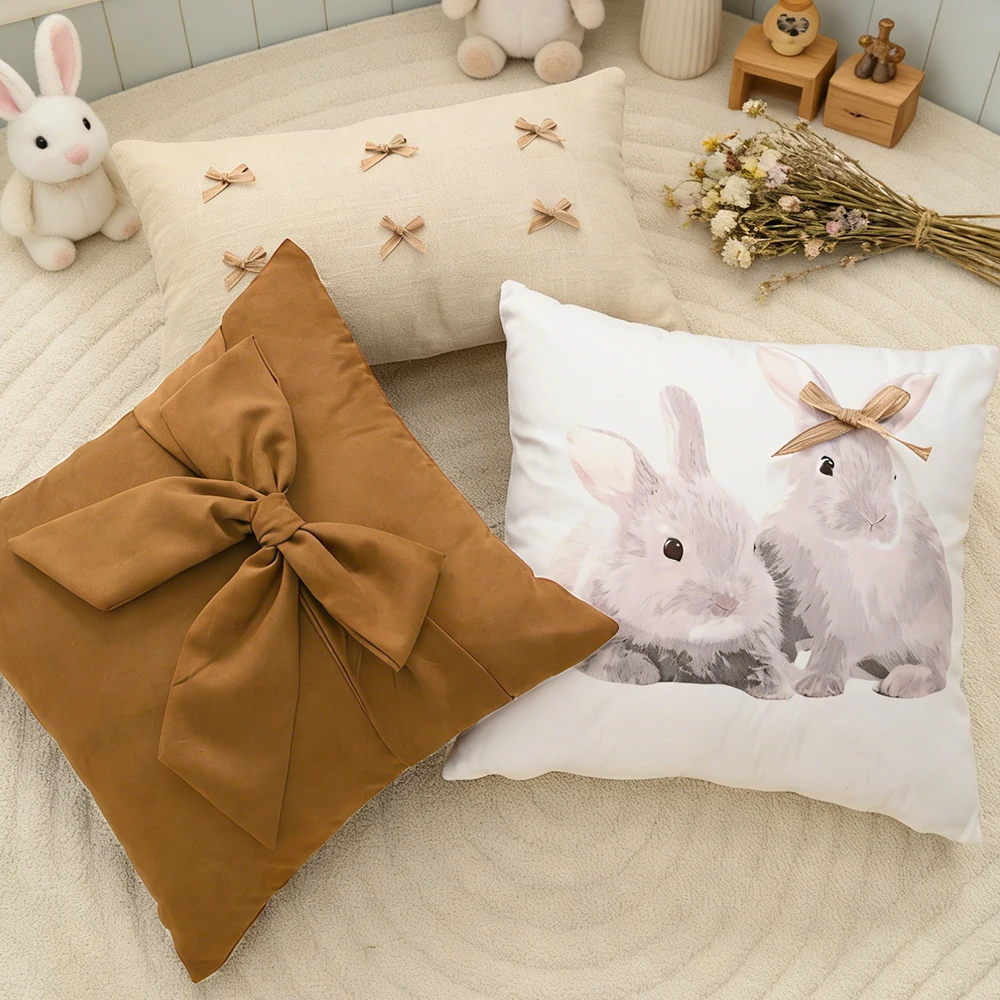 BUYNOW 1PC Easter Plush Bunny Bowknot Cream Brown Pillowcase Cute Living Room Sofa 18x18inch Cushion Cover Home Bedroom Decor