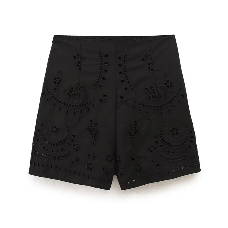 KEYANKETIAN 2025 letnie nowe damskie haftowane spodenki z dziurami wiatr wakacyjny boczny zamek błyskawiczny wysokiej talii cienkie Mini proste spodnie