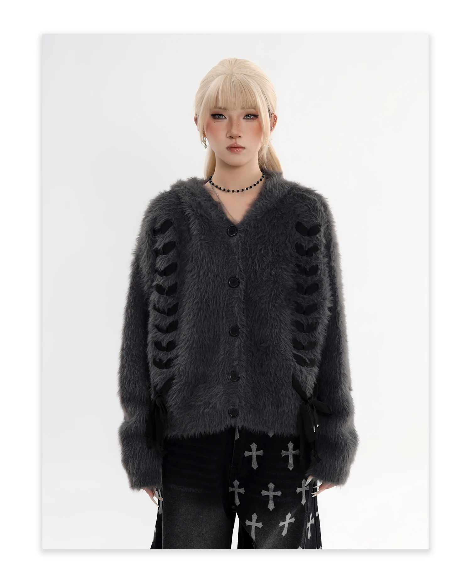 2025 خريف شتاء جديد أرنب الأذن تصميم معطف بقلنسوة سترة معطف لطيف نمط الحلو لينة فضفاضة فتاة سترة رمادية