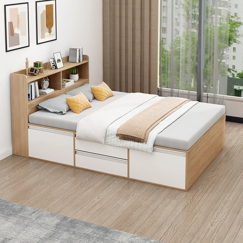 

Nordic high box storage bed with drawers tatami small apartment multi-functional bookshelf bed combination 1 meter 2 single doub