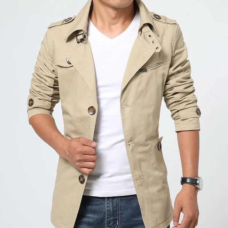 Chaquetas largas cortavientos de negocios para hombres, gabardinas, ropa de calle informal, chaquetas masculinas monocromáticas, Primavera, moda de otoño