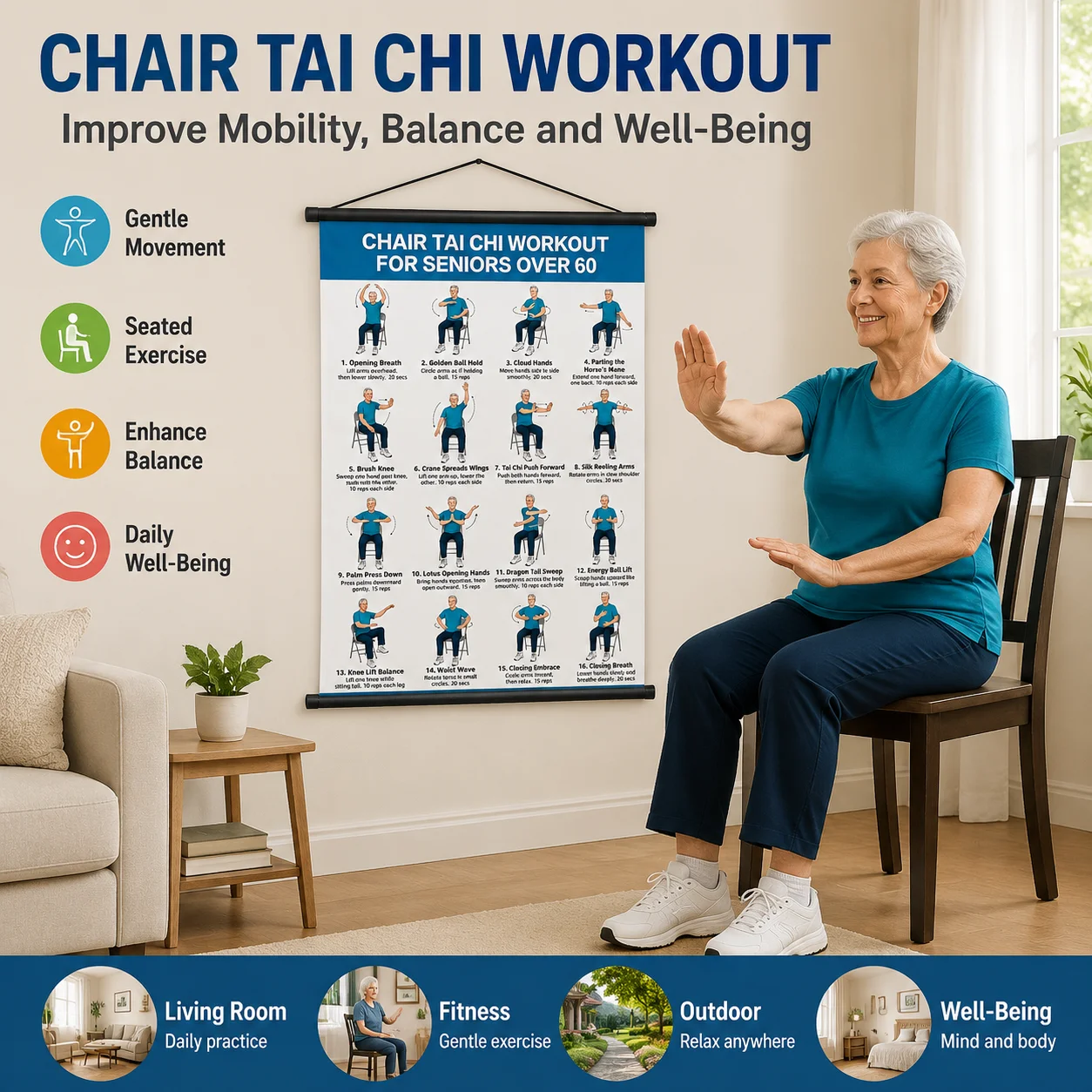 Tai Chi Exercise Poster Print Wall Art Senior Fitness Training Chart Painting Home Gym Bedroom Living Room for Health Workout