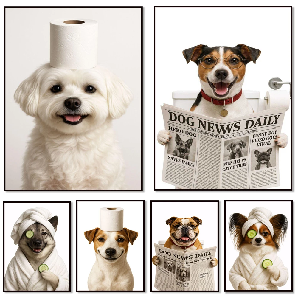Bathroom poster featuring a Plummer Terrier, English Bulldog, Parsons Russell Terrier, Norwegian Hound, and Maltese in bathrobes