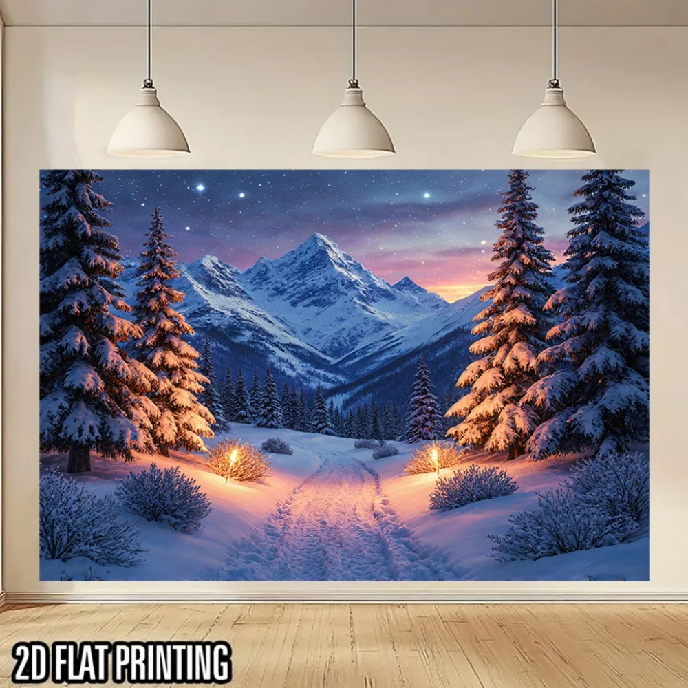 2D Flat, 1pc Winter Night Forest Lights Banner - UV Printed Polyester Photo Booth Backdrop with Snowy Mountain & Pine Trees,