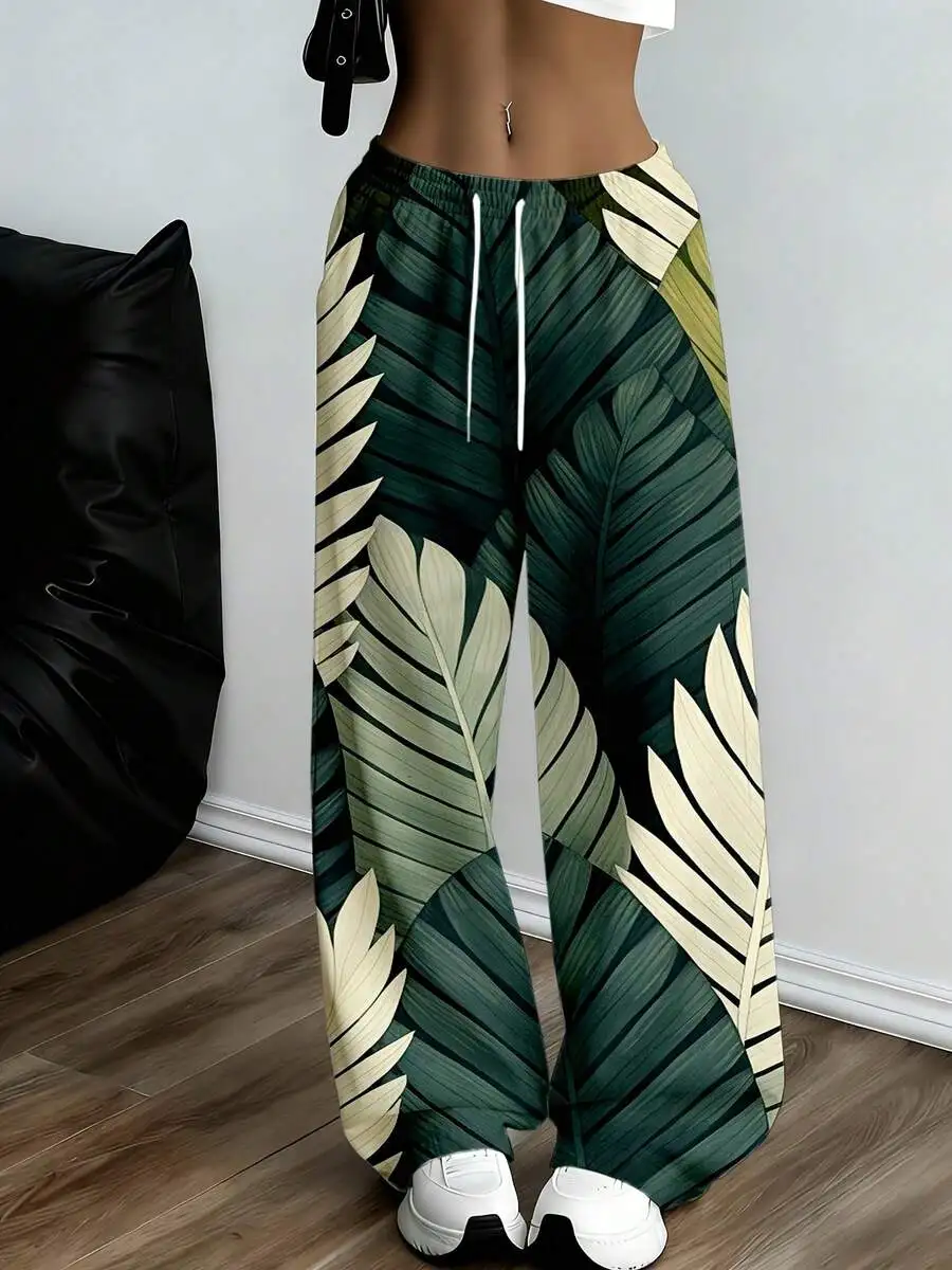 

Tropical Leaf Print Wide Leg Pants Women Loose Fit Casual Sport Trousers