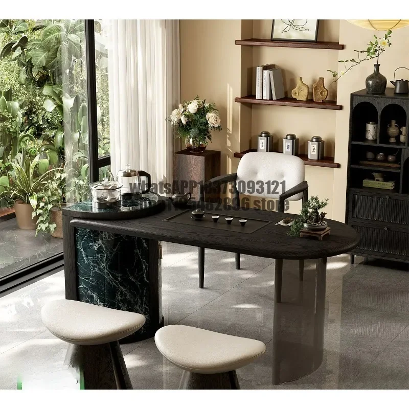 Medieval light French balcony tea table living room small apartment household solid wood rock slab tea table