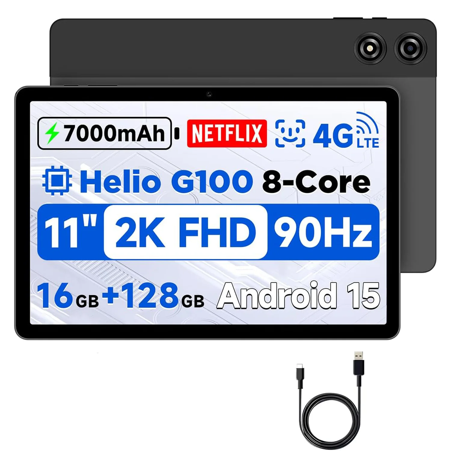 BNCF 11インチ 2K IPSスクリーンタブレット Android15 MTK G100 オクタコア 4GB/8GB 128GB ROM 7000mAhバッテリー+4G LTE+Widevine L1+Type-C+BT5.0