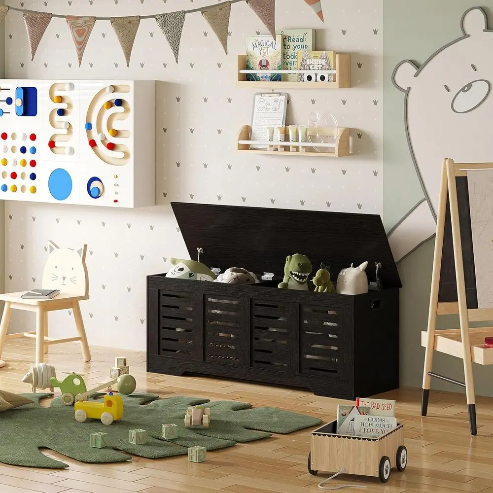 Große Espresso-Aufbewahrungstruhe aus Holz mit Sicherheitsscharnieren und Klappdeckel für die Schuhaufbewahrung im Eingangsbereich im Wohnzimmer und Schlafzimmer