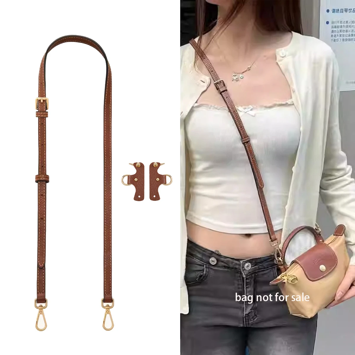 For LONGCHAMP Mocha Terra Mini Bag Strap Cowhide Leather Adjustable Strap Punching Free Buckle Bag Modification Accessories