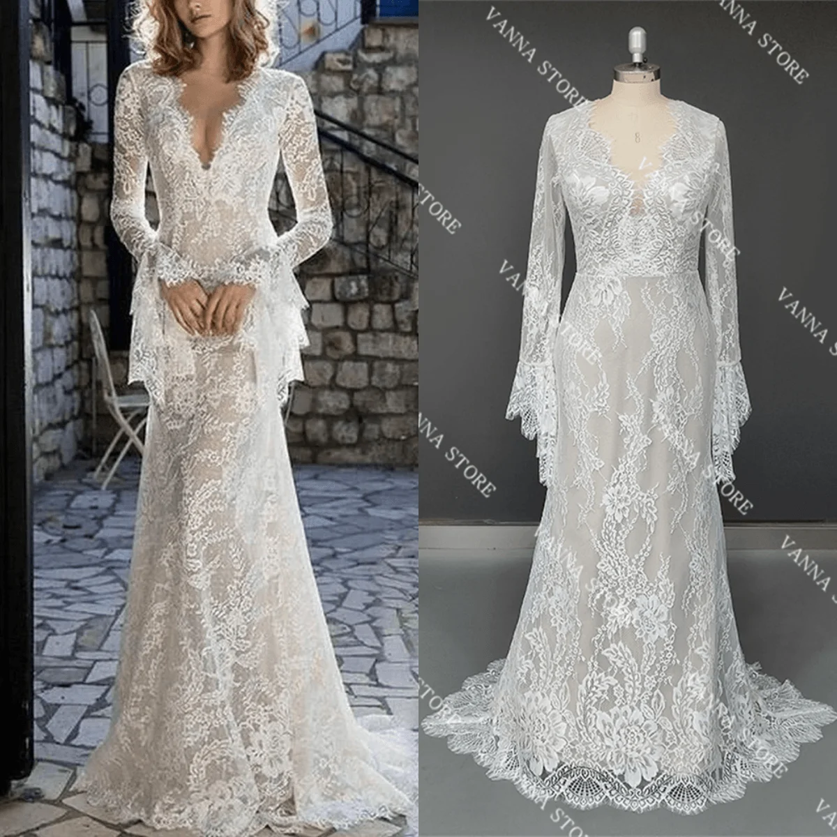 customized 11944# Bohemian Lace Beach Wedding Dress Sexy Deep V-Neck Backless Bell Sleeves Boho Sweep  Train  Wedding Dress