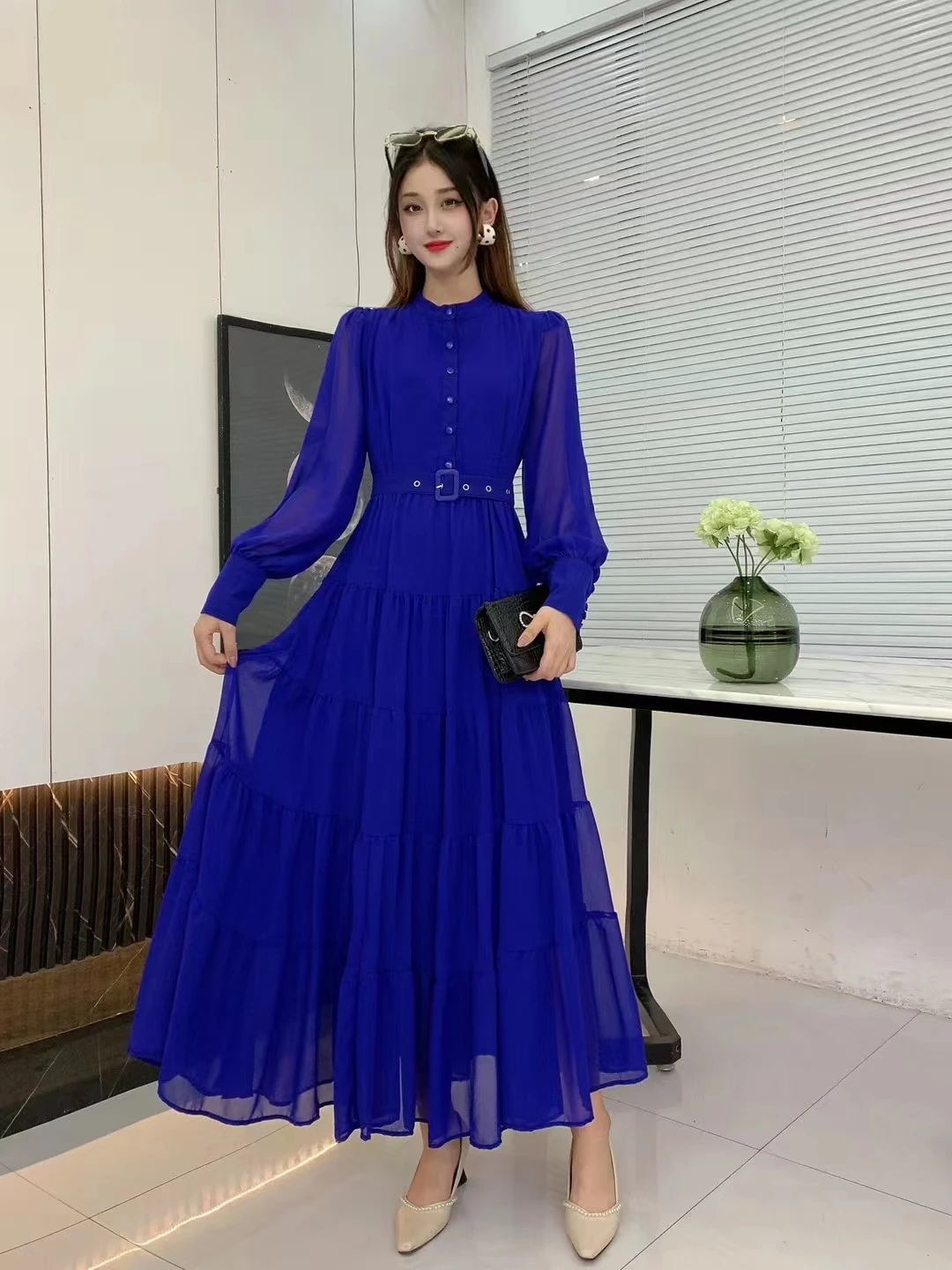 2024 New Spring Autumn Women Long Sleeve Belt Slim Long Dress High Quality Elegant Patchwork Big Hem Solid Color Chiffon Dress