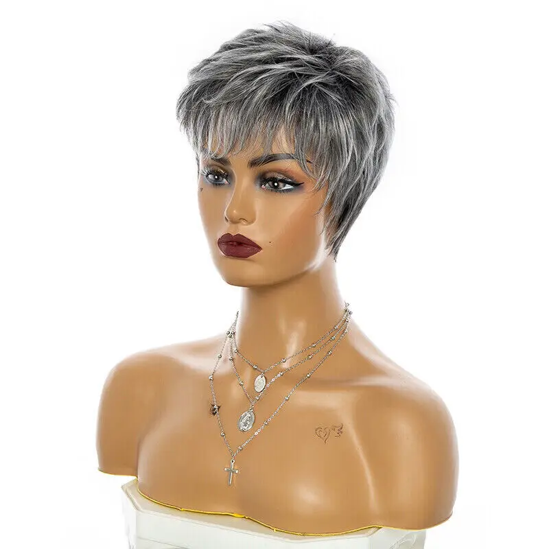 Short Black Root Grey Cut Wigs Straight Slight Layered Synthetic Hair Wig