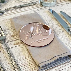 Nomes acrílicos personalizados do lugar do Wwedding como coasters, nome personalizado luxuoso da tabela do cartão do ouro do espelho, decoração do assento do convidado, Tag gravado