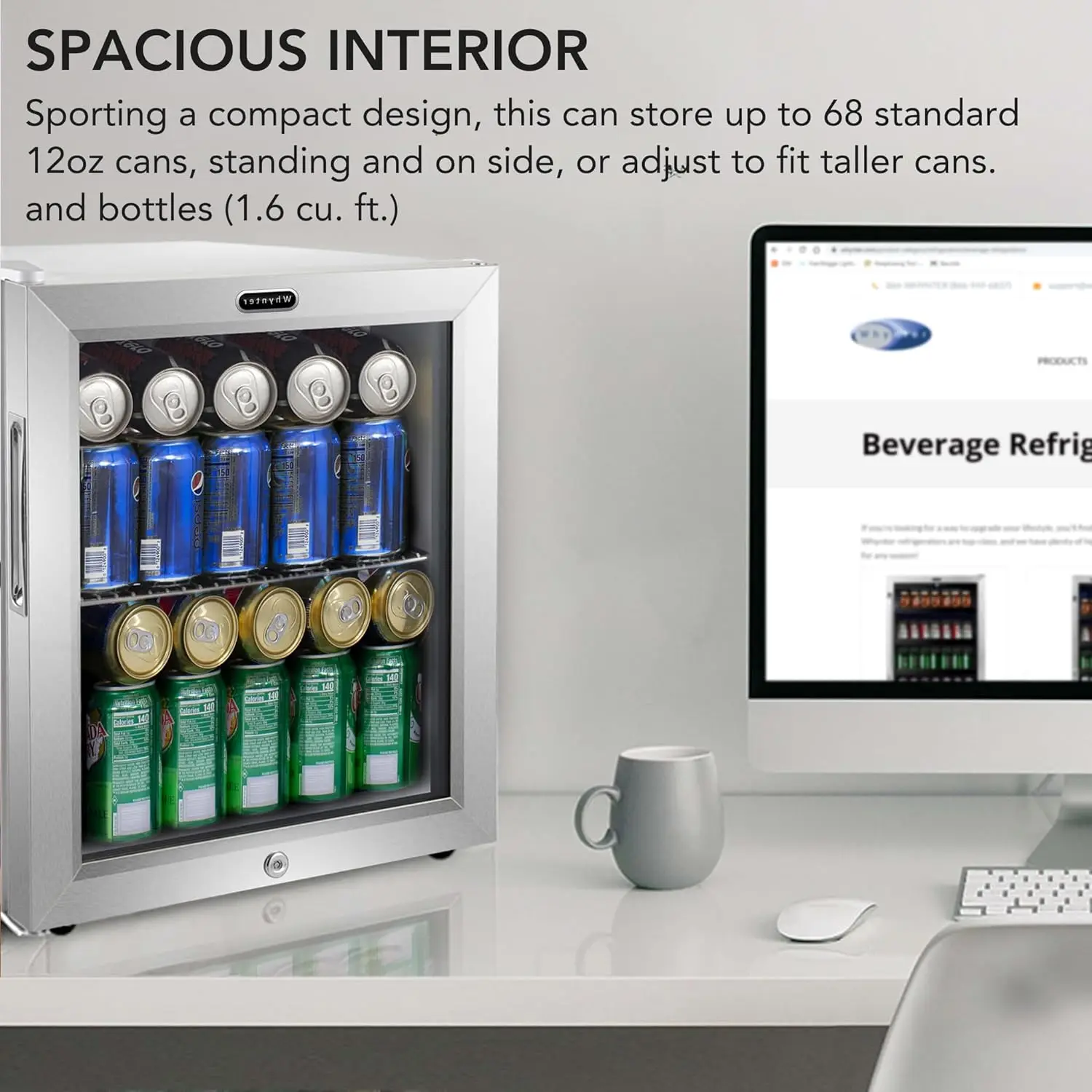 Geladeira para bebidas com porta de vidro de camada dupla, mini geladeira independente para bebidas de 68 latas e 1,6 pés cúbicos, BR-062WS, inoxidável