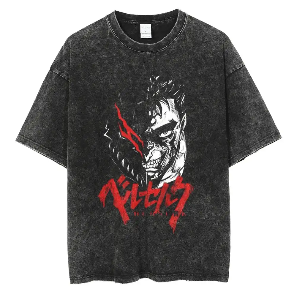 Anime Berserk Guts Tshirt Retro Vintage Washed Graphic Tees Men Harajuku Cotton Casual Short Sleeve Tshirt Tops Unisex Male
