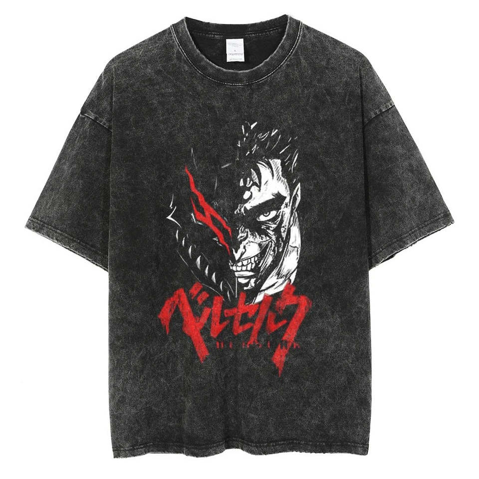  Anime Berserk Guts Tshirt Retro Vintage Washed Graphic Tees Men Harajuku Cotton Casual Short Sleeve Tshirt Tops Unisex Male 