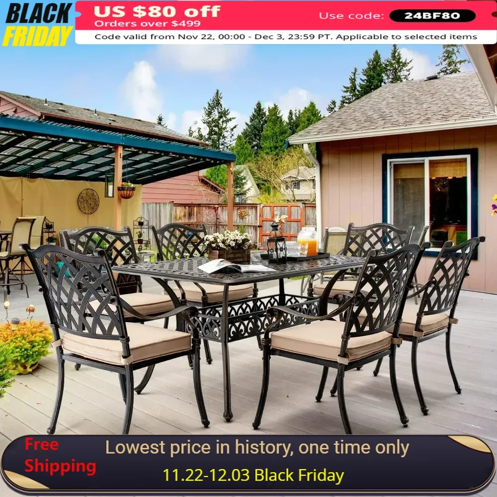 

Outdoor Dining Sets ,includes 59” Rectangular Table and 6 Chairs with Thicker Cushion and Umbrella Hole ,patio furniture