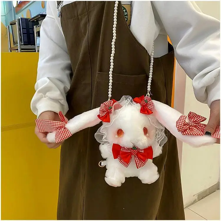Borsa a tracolla in peluche di coniglio moda Lolita con catena di perle Borsa a tracolla soffice e carina Borsa per ragazze Kawaii Idea regalo