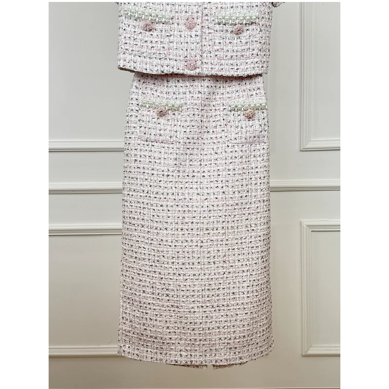 French Fragrant Tweed O Neck Beaded Top+long Skirt Suit Women Blue Pink Elegant Vintage High Quality Two-piece Lady Suit