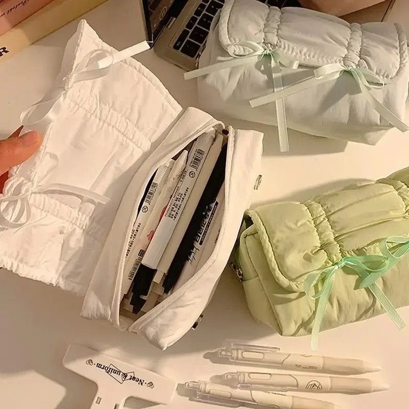 1 قطعة الإبداعية كوريا نمط القوس مقلمة سعة كبيرة متعددة الطبقات تخزين الرباط أكياس قلم رصاص اللوازم المكتبية حقيبة التخزين