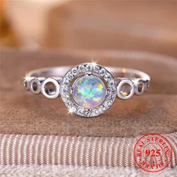 Cute Female Natural White Fire Opal Stone Round Ring Real 925 Sterling Silver Wedding Jewelry For Women