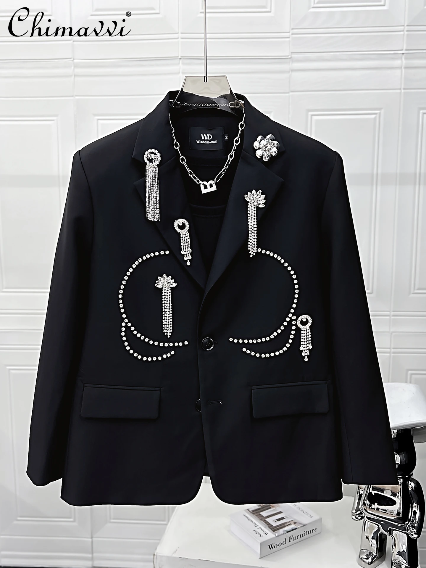 

2025 Autumn Clothes New Fashion Long Sleeve Blazer Men Heavy Embellished with Rhinestones Tassels Stylish Men's Black Suit