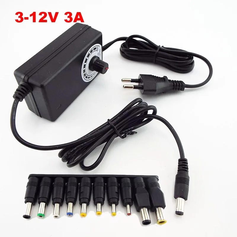 

Universal Adjustable AC 100V-240V to DC 3-12V 3A 36W CCTV Power Supply Adapter Charger 5.5x2.1mm DC Female Jack Plug Connector