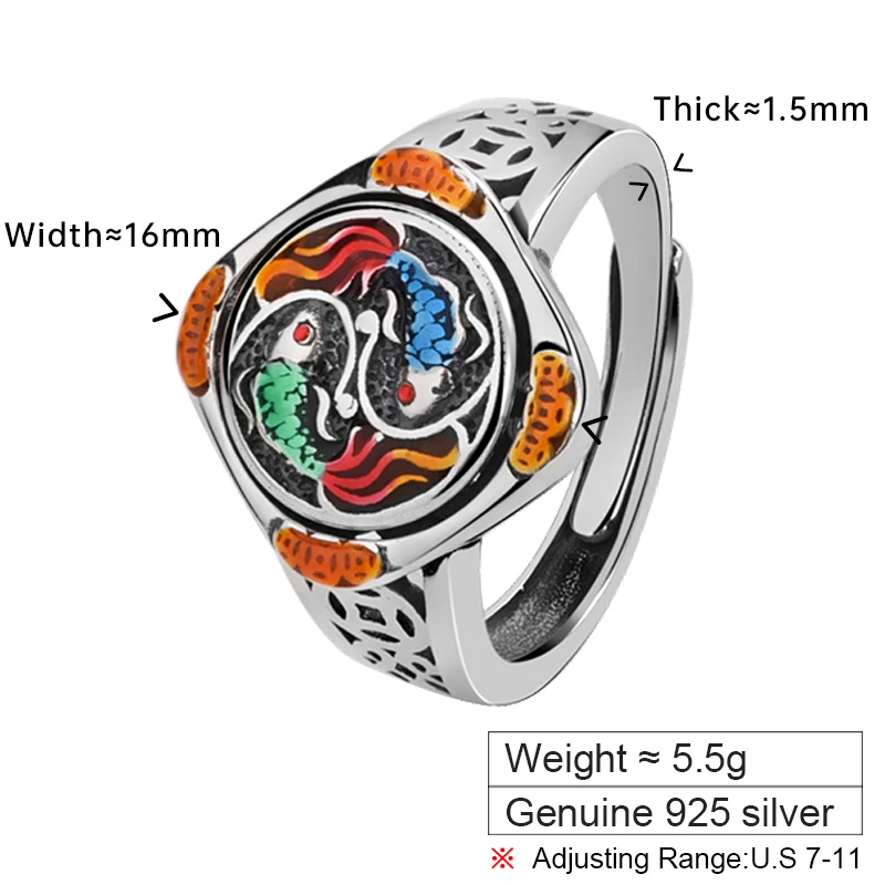 ZABRA 925 Silver Enamel Koi Ring for Men and Women's Fashion National Style Graduate Entrance Examination Landing Ring