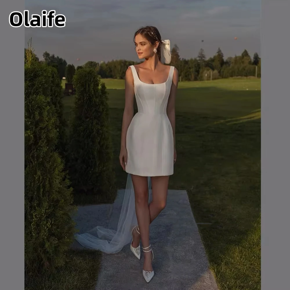 Olaife Simple Satin Square Short Wedding Dresses Mini Bridal Gowns Sleeveless Party Formal Dress Elegant Women