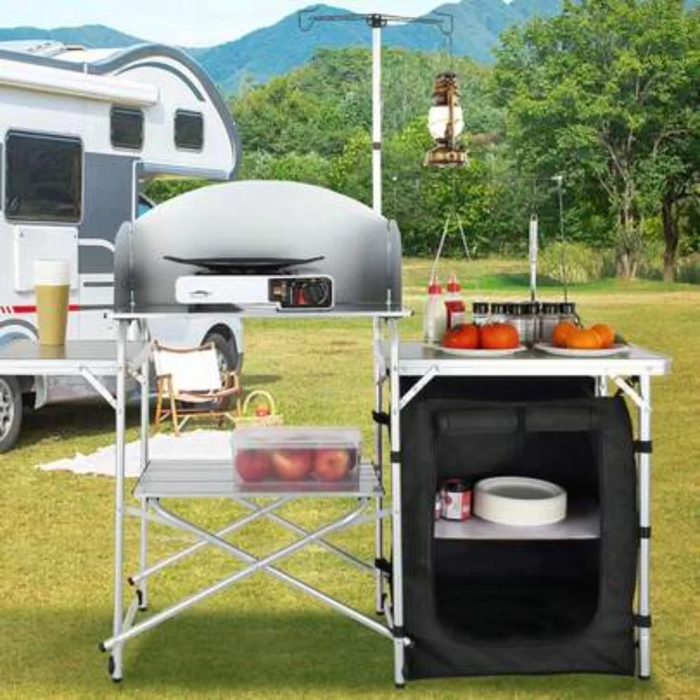 Folding Outdoor Camping Kitchen Table with Carrying Bag, Portable Aluminum Cook Station, Lightweight Weather Resistant, Quick Setup, Detachable Windscreen, Stable Heavy Duty Legs, Ideal for Picnics BBQ Beach Backyard RV Hiking Fishing, Black