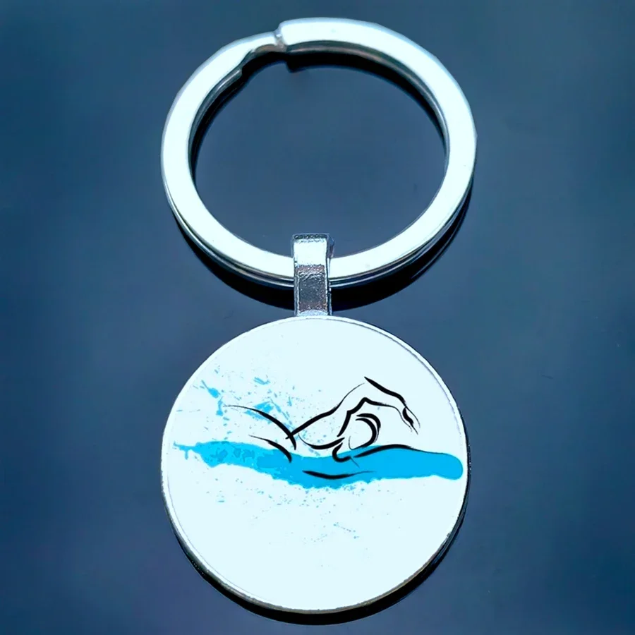 New swimming sport logo cute cartoon character glass key chain, love swimming men and women must buy