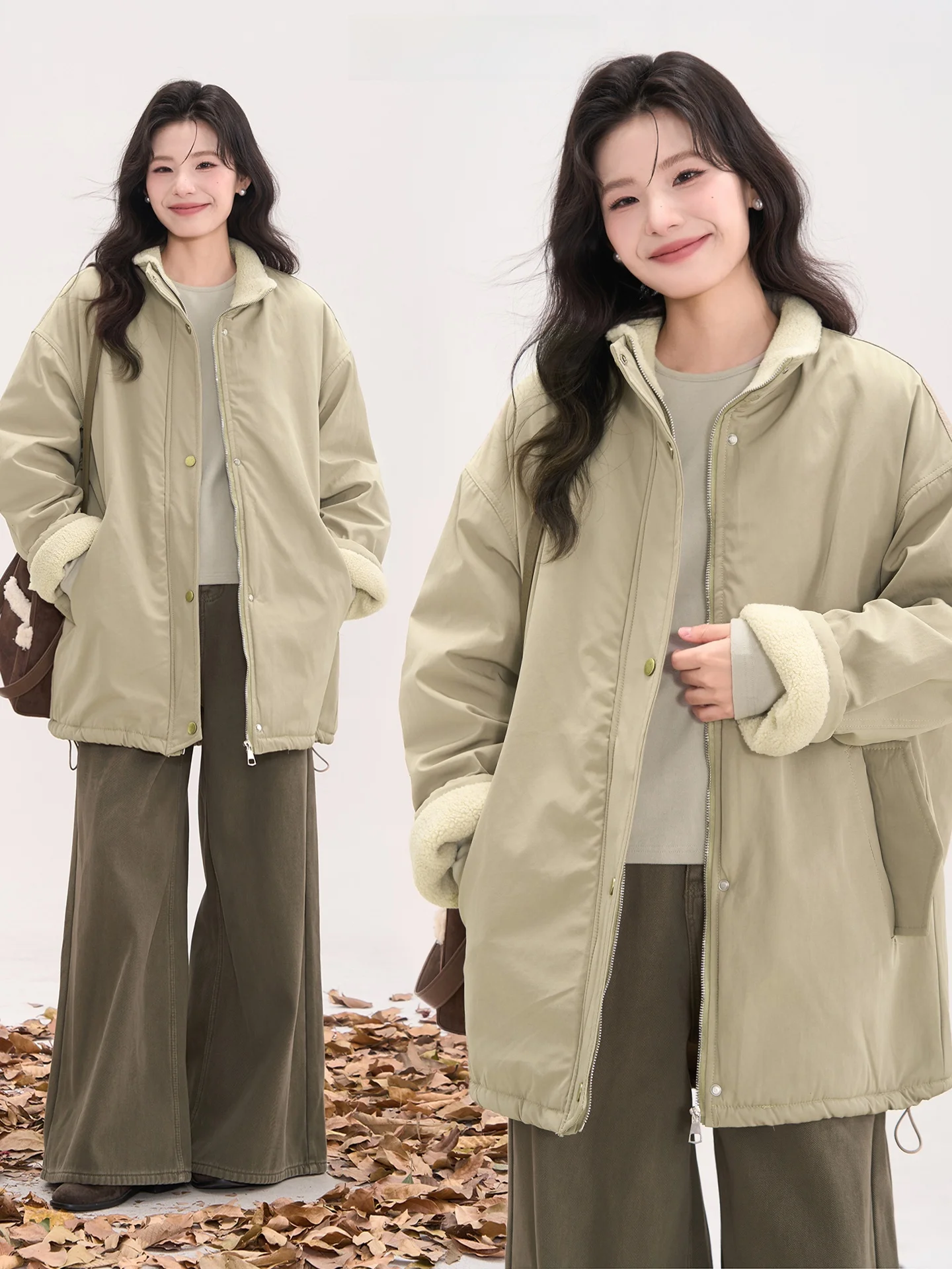 

Heme Sweet Sister Flower Embroidered Thiened Lamb Fur Coat Casual Jaet Women's Winter Outerwear Long Sve Zipper Closure