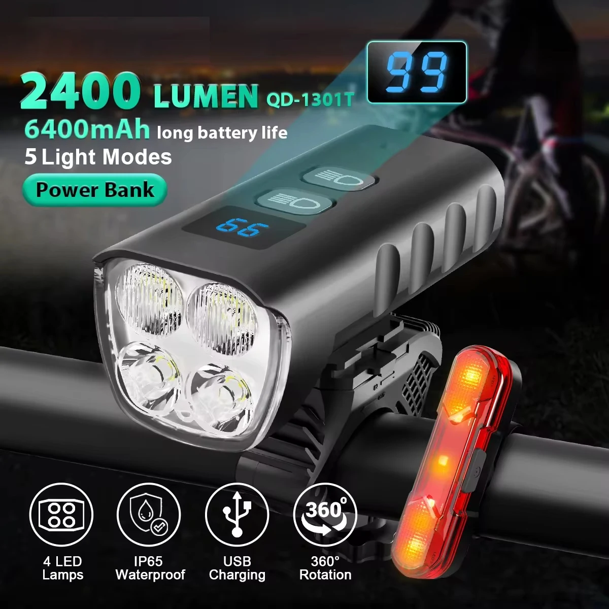 

X-TIGER Front Light Bicycle Lamp USB Rechargeable LED Flashlights 2400 Lumens 6400 mAh Outdoor Mountain Bike Headlights