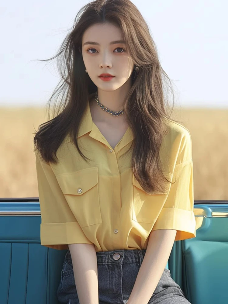 

Желтый модный уникальный топ для женщин, свободного кроя, с пуговицами, для повседневной носки, летняя одежда