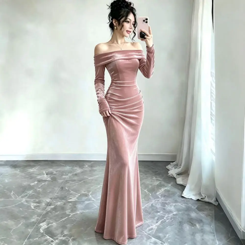 Elegant Off Shoulder Velvet Dress Women Long Sleeve Bodycon Maxi Gown Autumn Winter Sexy Slim Fit Formal Party Dresses