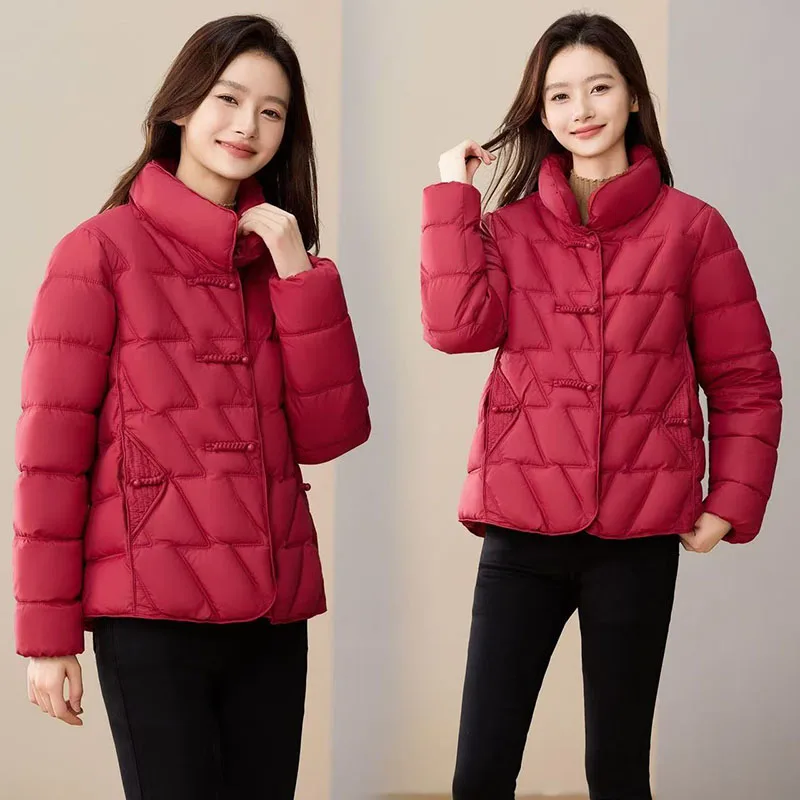 

2025 Women's Short Cotton Padded Jacket Loose Stand Collar Coats Autumn Winter Jackets Slim Thick Parkas Chinese Style Outwear