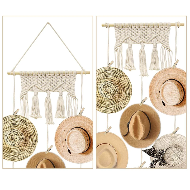 Boho Hand Woven Cotton Wall Hanging Hat Organizer Display Rack With Clip Storage Cap Holder Scarf Hanger Nordic Macrame Tapestry